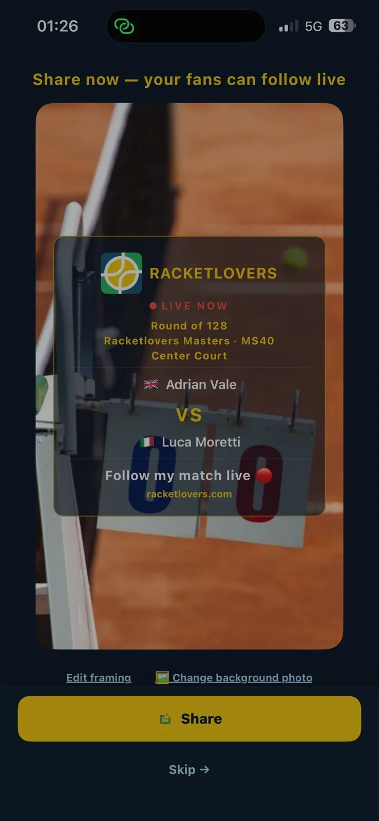 Racketlovers pre-match share screen with the LIVE NOW card, a still from the product walkthrough video